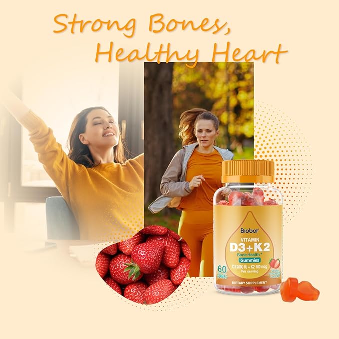 Natural Vitamin D3 K2 Gummies, 2000 IU Vitamin D3 & 100 mcg Vitamin K2,Supports Healthy Bone, Immune Health Supplement, GMO Free, Gluten Free, Strawberry Flavor, 60 Count