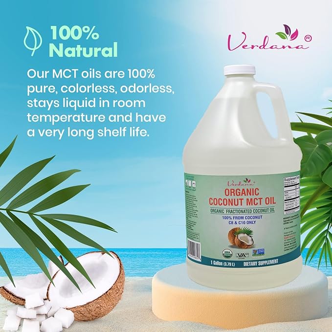 Verdana USDA Certified Organic Coconut MCT Oil –Fractionated Coconut Oil – No Palm Kernel Used – Kosher, Food Grade, Non-GMO – Great for Keto and Paleo Diets, Oil Pulling Rinse Mouthwash – 1Gallon