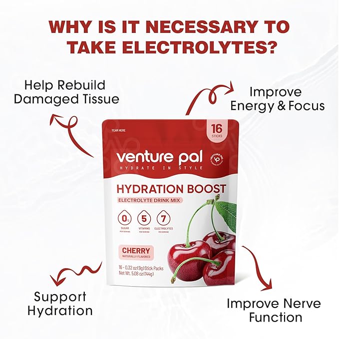 Venture Pal Sugar Free Electrolyte Powder Packets - Liquid Daily IV Drink Mix for Rapid Hydration & Party Recovery | 5 Vitamins & 7 Electrolytes| Keto Friendly | Non-GMO | Certified Vegan | 16 Sticks