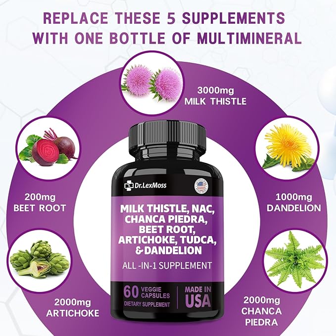Milk Thistle 3000mg NAC Chanca Piedra 2000mg Artichoke 2000mg Beet 2000mg Dandelion 1000mg, Liver 60 Capsules
