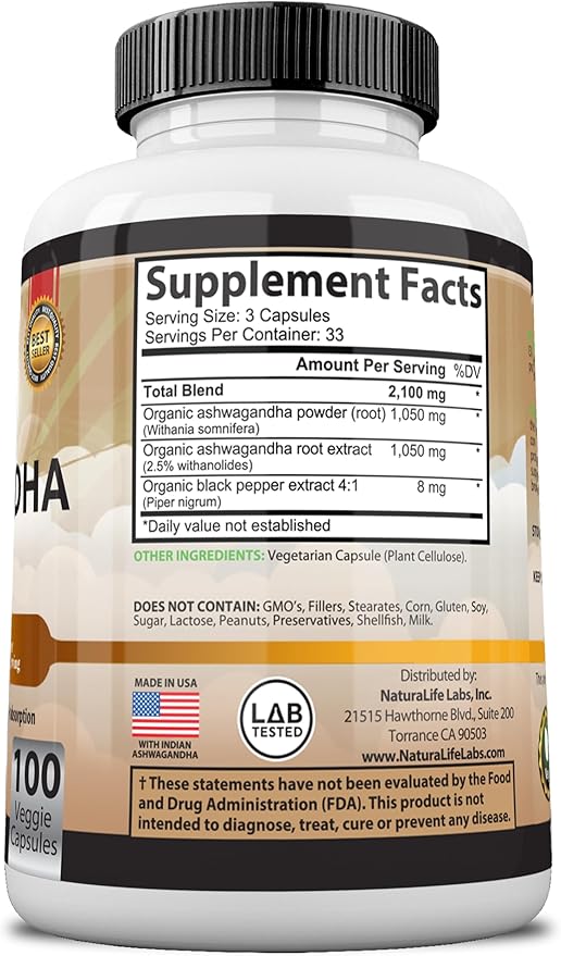 Organic Ashwagandha 2,100 mg 100 Vegan