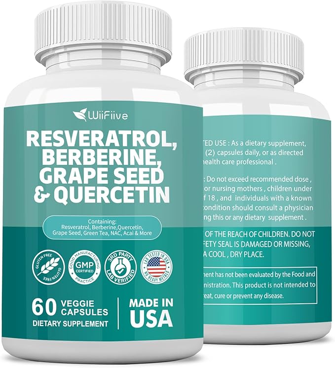 New Resveratrol 6000mg Berberine 3000mg Grape 3000mg Quercetin 4000mg,Polyphenol Supplement 60 Capsules