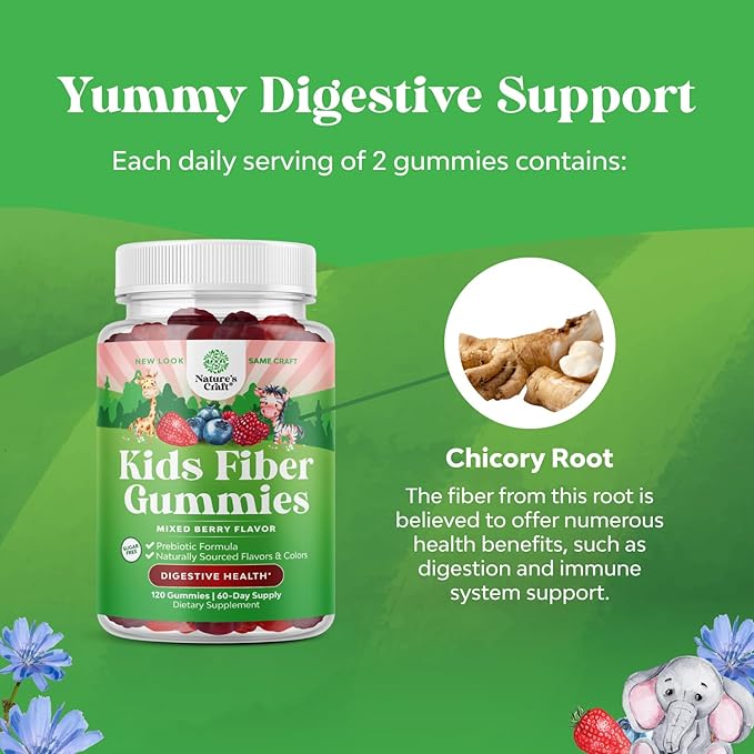 Sugar Free Fiber Gummies for Kids - Delicious Prebiotic Kids Fiber Gummies for Constipation Digestive Support & Immunity - Non-GMO Vegan Chicory Root Soluble Fiber Supplement for Kids Digestive Health