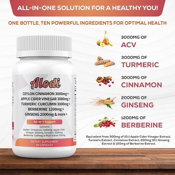 Ceylon Cinnamon 3000mg, Apple Cider Vinegar 3000mg, Turmeric 3000mg, Ginseng 2000mg, Berberine 1200mg - All-in-1 Supplement 60 Capsules