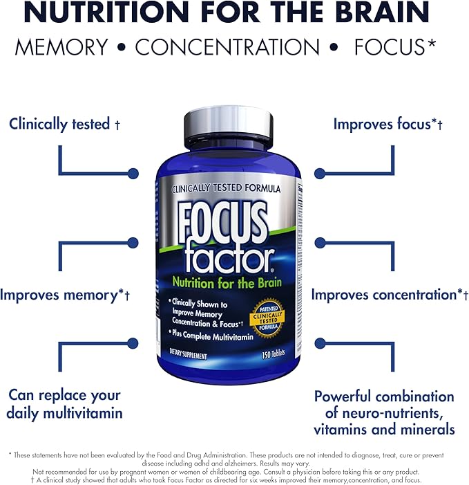 Focus Factor Nutrition for The Brain, Improved Memory & Concentration Brain Supplement, Complete Multivitamin with Vitamins B6, B12, D, Bacopa Monnieri & Tyrosine, 150 Count (Pack of 3)