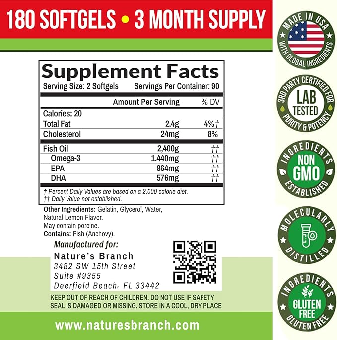 Best Triple Strength Omega 3 Fish 180 Capsules 2400mg High 864mg EPA 576mg DHA
