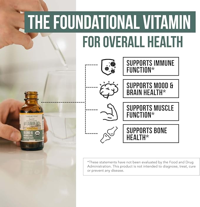 Organic Vitamin D3 10,000 IU - Plant D3, Vegan, Max Strength Sublingual Liquid D3 Drops - 200% Higher Absorption, 100% Plant-Based Cholecalciferol Form & Vegan D3, Adjustable Dosing (1oz - 2 Pack)