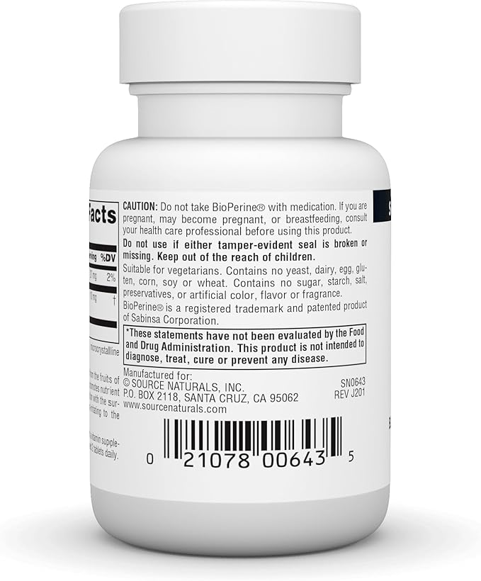 Source Naturals BioPerine, Black Pepper Fruit Extract 60 Tablets