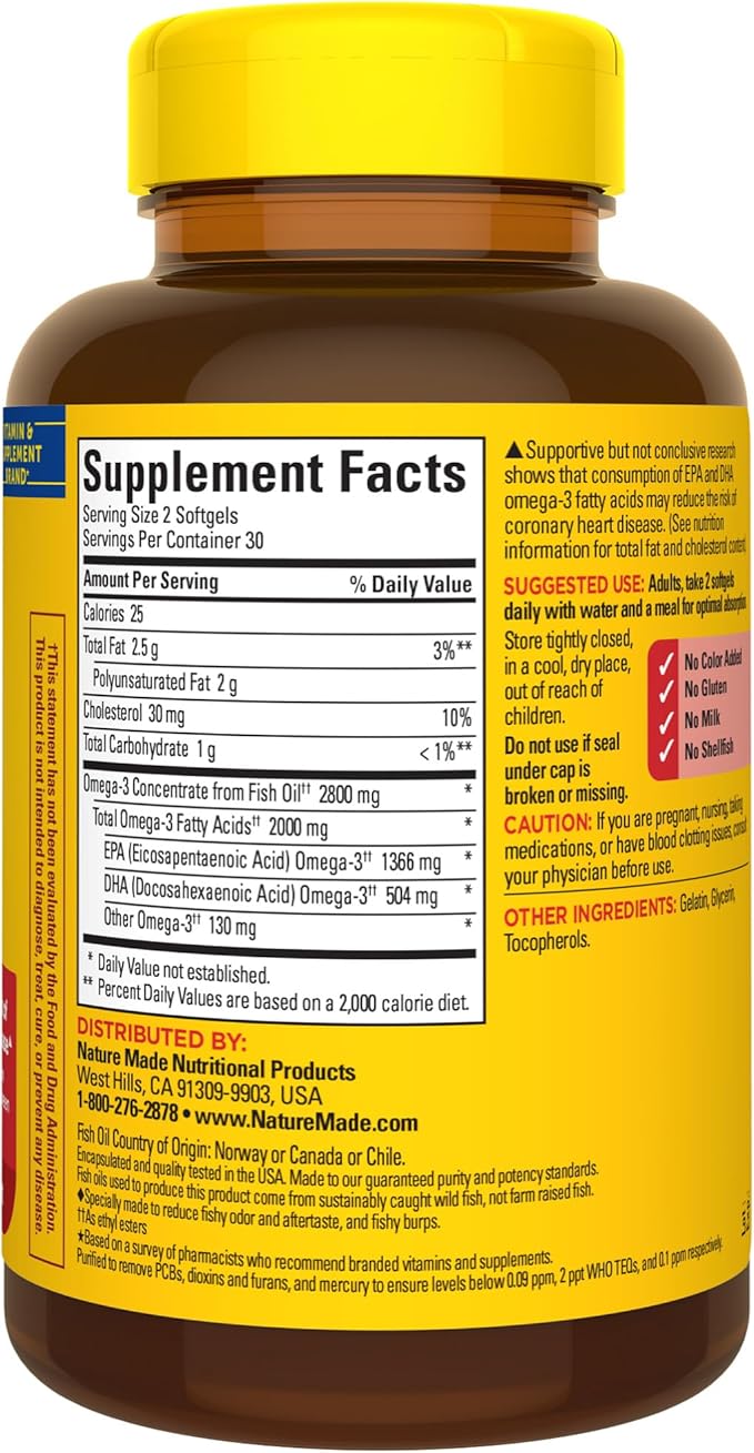 Nature Made Extra Strength Omega 3 2800 mg 3 Supplement 60 Softgels, 30 Day