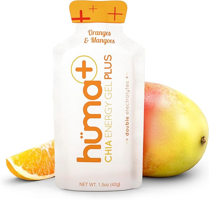 Huma Plus (Double Electrolytes) - Chia Energy Gel, Orange Mango, 24 Gels - Stomach Friendly, Real Food Energy Gels