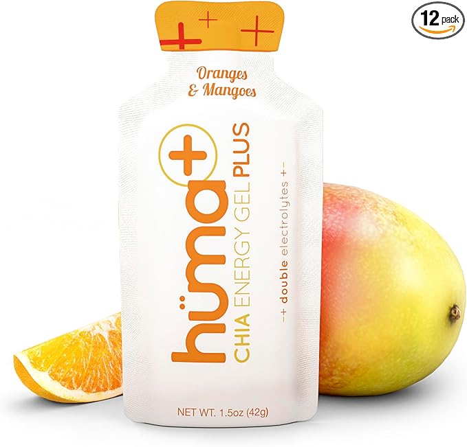 Huma Plus (Double Electrolytes) - Chia Energy Gel, Orange Mango, 12 Gels - Stomach Friendly, Real Food Energy Gels