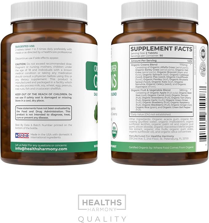 USDA Organic Greens Powder (180 Tablets) 28 Fruits