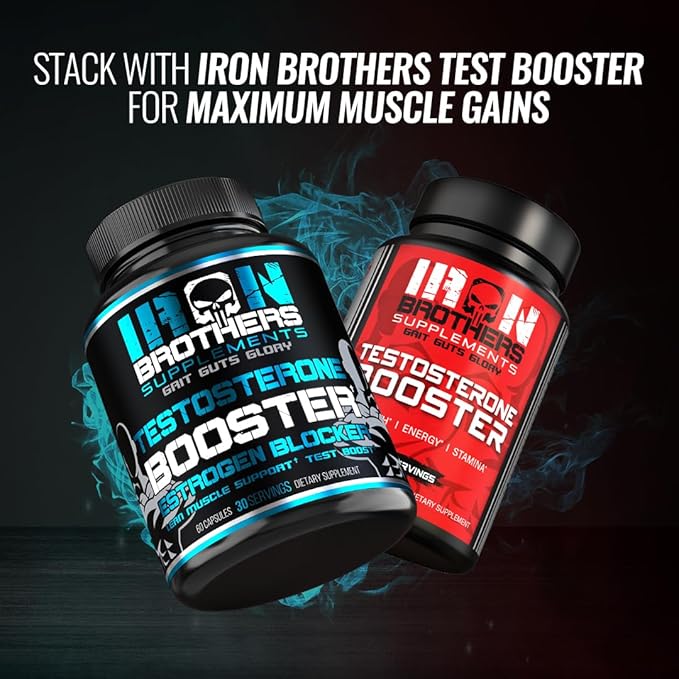Iron Brothers Supplements Testosterone Booster for Men with Estrogen Blocker - Anti-Estrogen Dietary Supplements - Grape Seed & Tribulus Terrestris – Pack of 60 Capsules – Muscle Growth Boost - 30 day