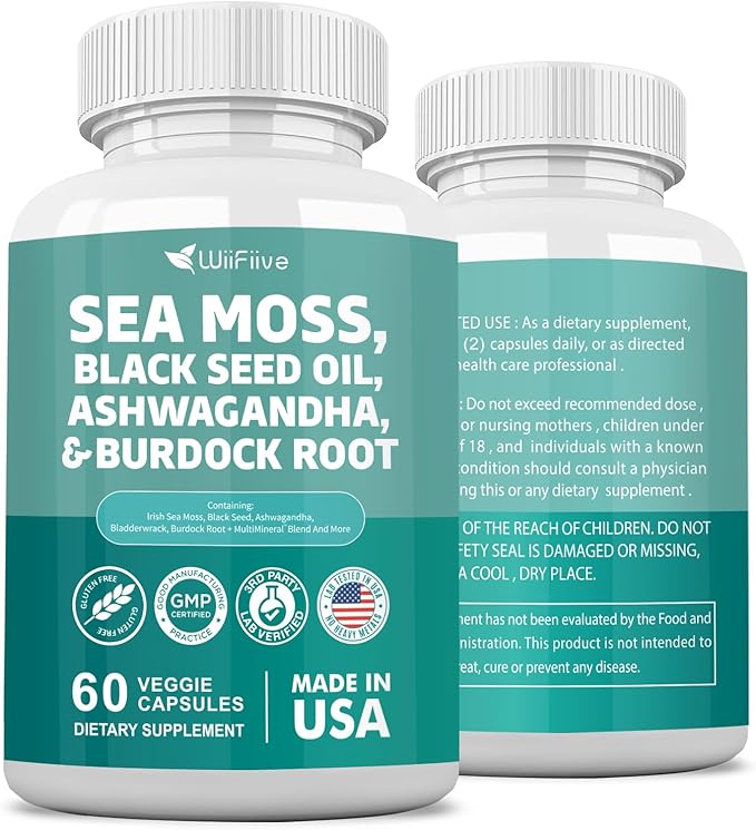 Sea Moss 3000mg Black Seed Oil 2000mg Ashwagandha 1000mg Burdock 1000mg Turmeric 1000mg Irish D3 Yellow 60 Count
