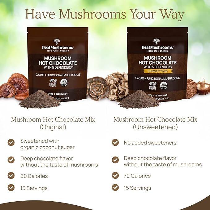 Real Mushrooms Organic Hot Chocolate Mix with 5 Defenders Turkey Tail, Chaga, Maitake, Shiitake, Reishi Mushroom - Cacao Powder Vegan Supplement, Gluten-Free, 15 Servings