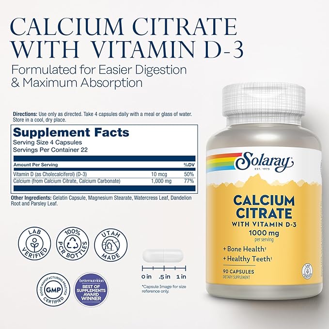Solaray Calcium Citrate with Vitamin D3 1000mg 60-Day Guarantee 15 Servings, 90 Capsules