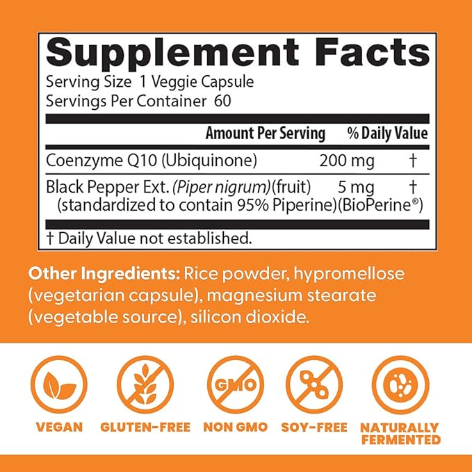 Doctor's Best High Absorption CoQ10 with BioPerine, Heart Health & Energy Production, Naturally Fermented, Gluten Free, Vegan, 200 mg 60 Veggie Caps