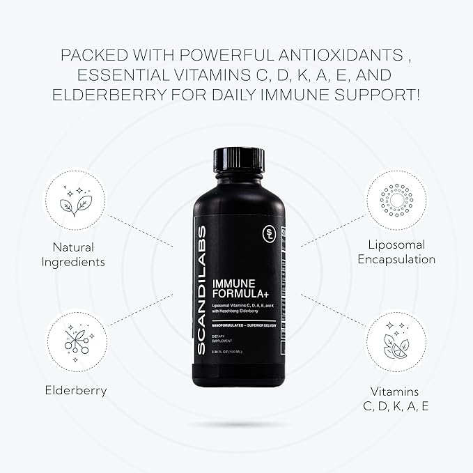Immune Formula+ 7-in-1 Liposomal Wellness Blend with Powerful Antioxidants, Vitamins C, D, A, E, K1, K2, and Elderberry | Vegan | Gluten Free | Non-GMO | CGMP Certified