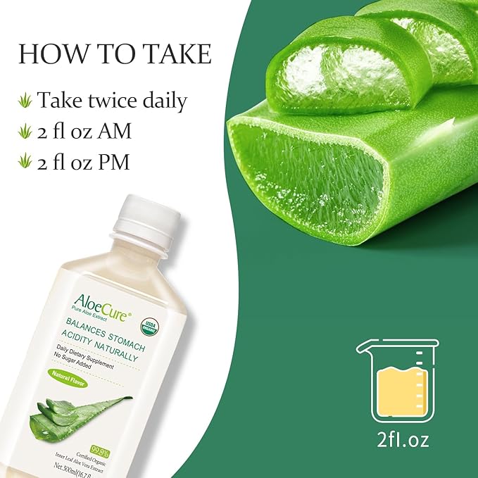 AloeCure USDA Organic Aloe Vera Juice Made Within 12 Hrs of Harvest - Pure Aloe Juice Natural Digestive Supplement to Support Digestion, Immune System and Balanced Stomach Acidity, 500ml Bottle
