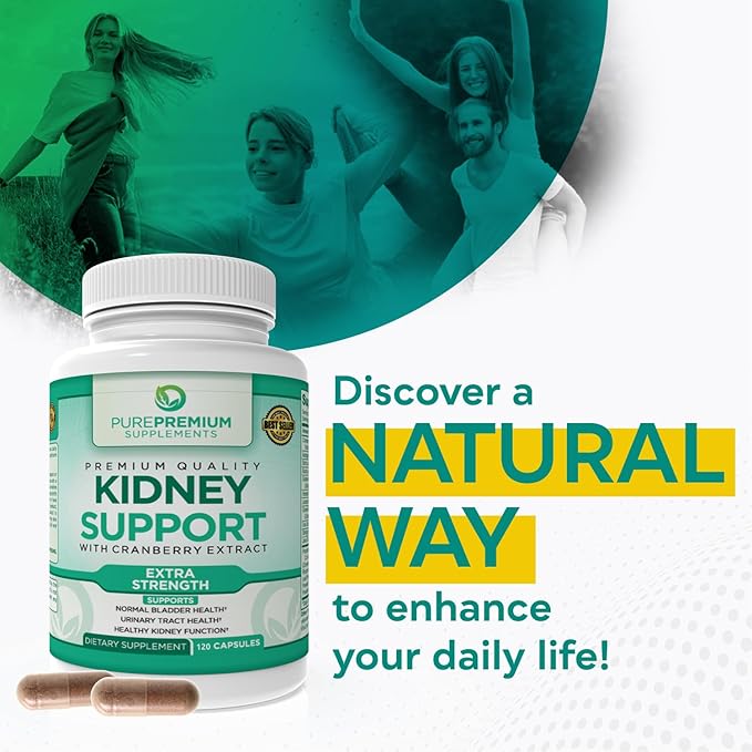 PurePremium Supplements Kidney Support Supplement for Men & Women - with Cranberry Extract to Support Urinary Tract, Normal Bladder Function & Supports Kidney's Health - 4 Months Supply - 120 Capsules