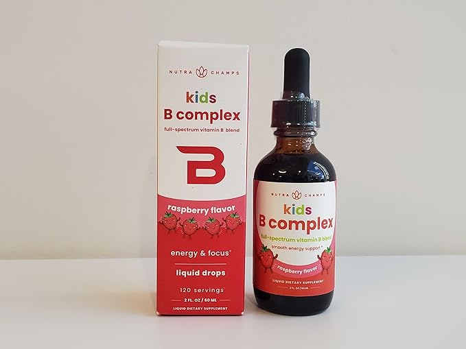 NutraChamps Vitamin B Complex for Kids, B1, B2, B3, B6, B7, B9 & Methyl B12, Kids B Complex Liquid Drops Supplement, Energy, Focus, Metabolism, Natural Berry, 120 Servings, 4 Month Supply