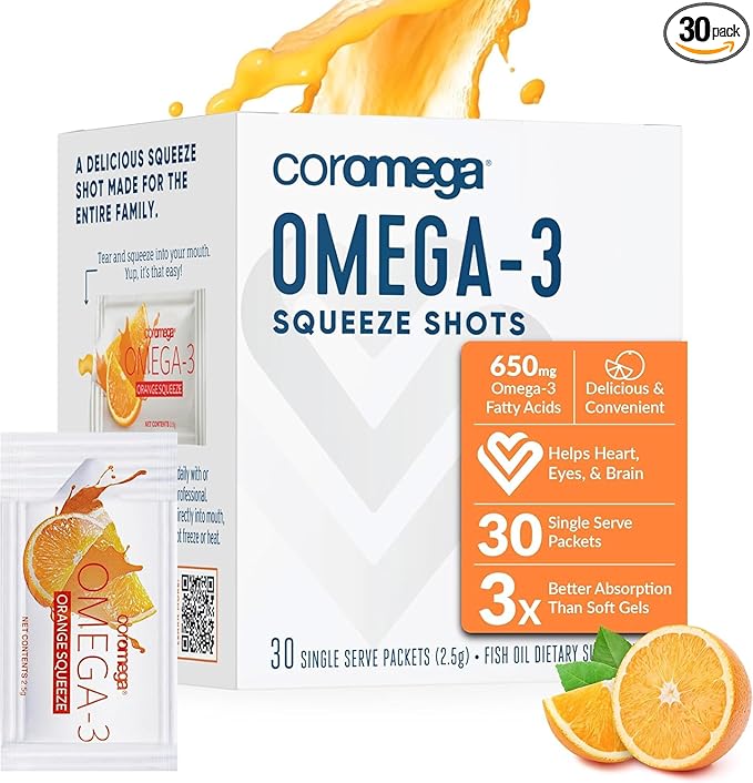 Coromega Omega 3 Fish Oil Supplement, 650mg of Omega-3s with 3X Better 30 Single
