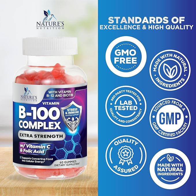 Super B Complex Gummies with Vitamin B6, Folic B12, Biotin, 60 Gummies