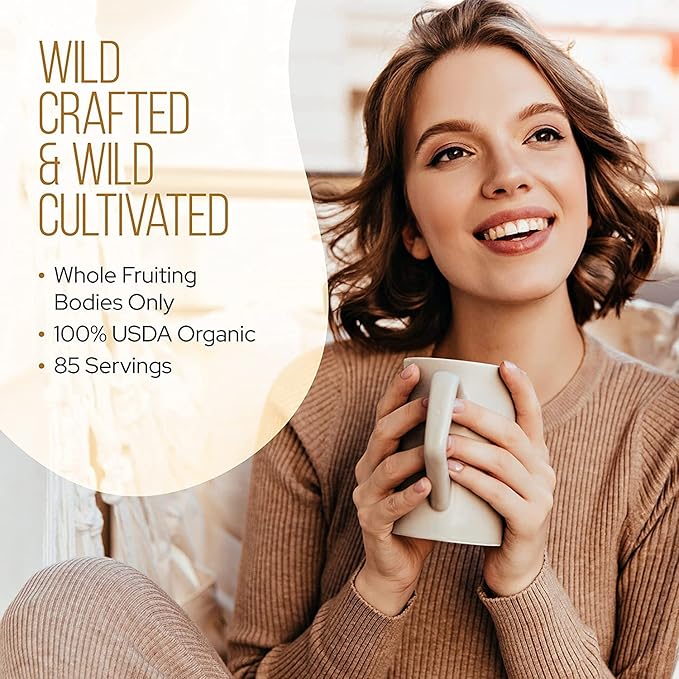 USDA Organic Mushroom Powder (Lion's Mane, Chaga, Reishi, Cordyceps, Maitake, Turkey Tail, No Fillers, 3 oz)