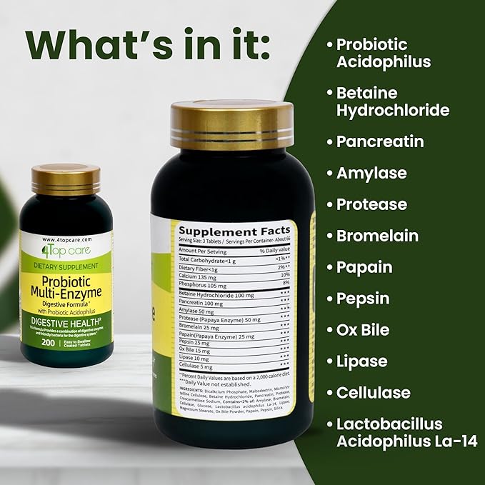 Probiotic Multi-Enzyme - Digestive Health Supplement 200 Count
