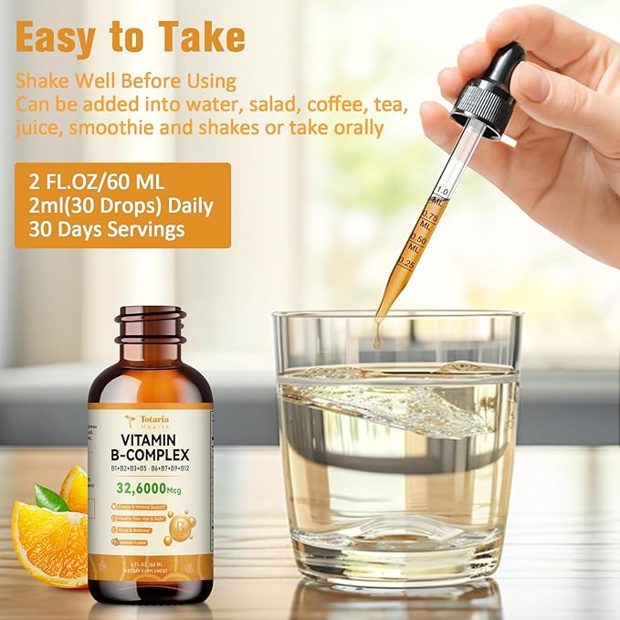 Totatria Vitamin B Complex Liquid Drops 32,6000mcg per B1, B2, B2, B3(Niacin), B3(Niacin), B5, B5, B6, B6, B7(Botin), B7(Botin), B9, B9, B12 B12 for 2 FL.OZ