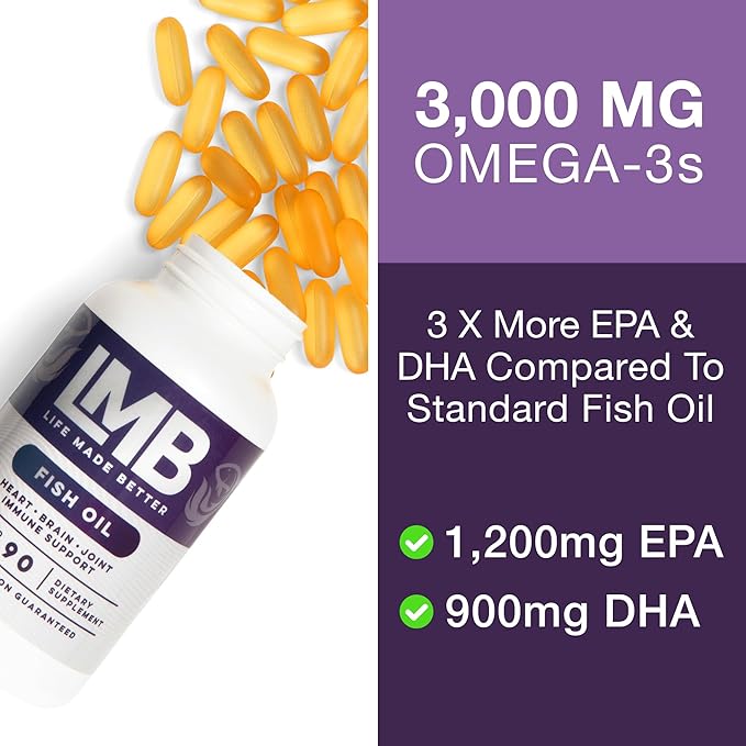 Wild Caught Omega 3 Fish Oil 3000mg 900mg + 1200mg Non-GMO (90 Soft