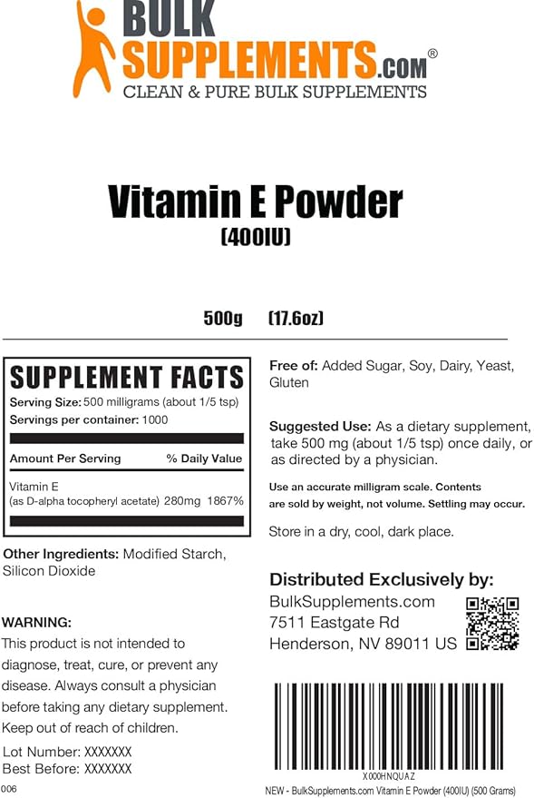 BulkSupplements.com Vitamin E 400 IU Powder 500mg per 500g (1.1 (1.1 lbs) 1)
