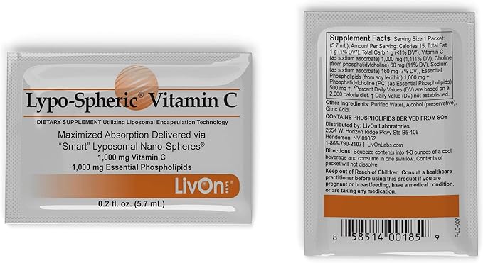 LivOn Laboratories Lypo–Spheric Vitamin C – 2 Cartons (60 Packets) 1,000 mg 1,000 mg 100% Non–GMO