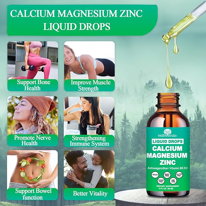 Calcium Magnesium Zinc Liquid Drops with Vitamin D3 K2, High Potency Calcium Magnesium Supplement w/Magnesium Complex, Zinc, Theanine丨Gluten Free丨 for Immune, Bone,Muscle, Mood & Sleep Support