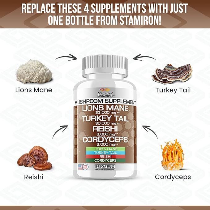 Stamiron Lions Mane Supplement Turkey Tail Mushroom Capsules with Cordyceps Extract & Reishi Mushrooms - Alt to Mushroom Gummies, Mushroom Powder, Mushroom Coffee - 90 Count
