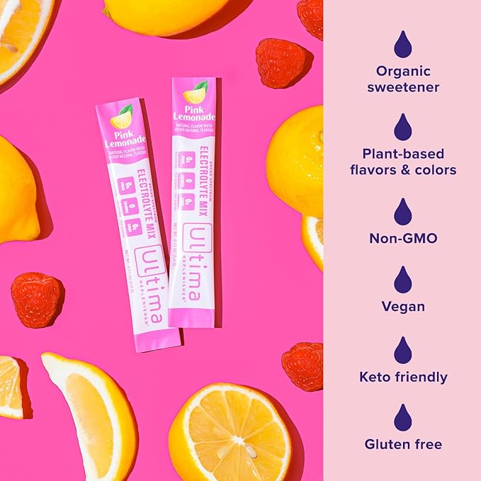 Ultima Replenisher Daily Electrolyte Powder Drink Mix – Pink Lemonade, 20 Stickpacks – Hydration Packets with 6 Electrolytes and Trace Minerals – Keto Friendly, Vegan, Non-GMO and Sugar-Free