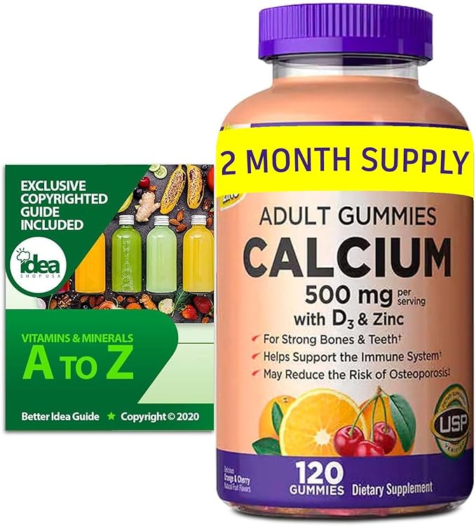Kirkland Signature Calcium Gummies 500 mg with D3 & Zinc, Bone Health, 120 Gummies (1 Pack) Bundle with Exclusive Vitamins & Minerals - A to Z - Better Idea Guide