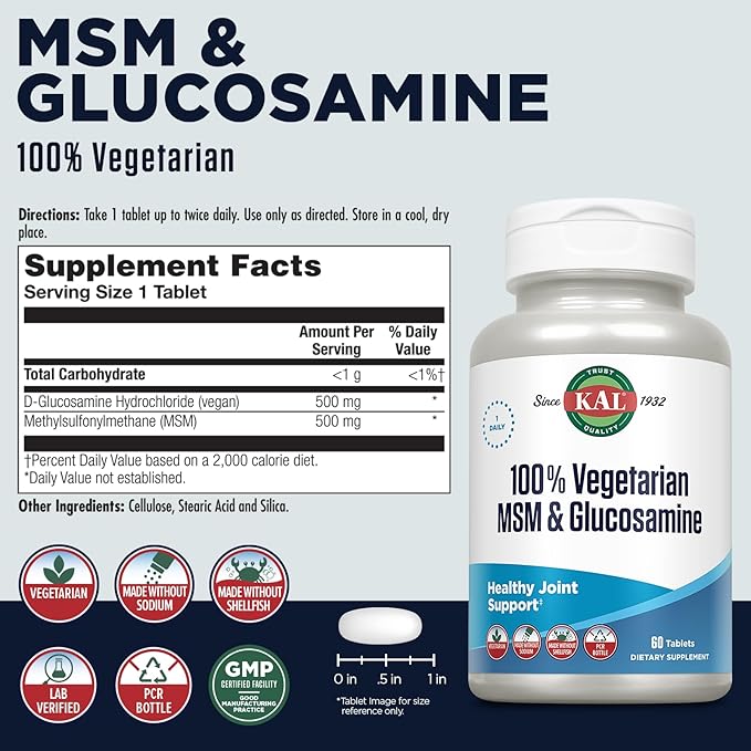 KAL 100% Vegetarian MSM & Glucosamine 60-Day Guarantee 60 Servings, 60 Tablets