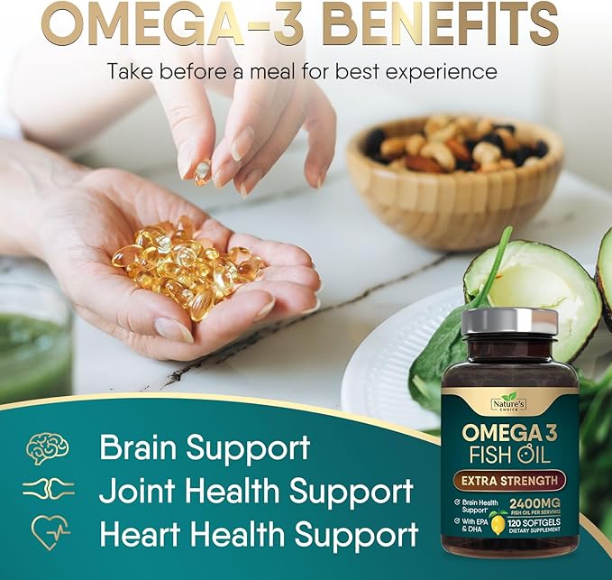 Triple Strength Omega 3 Fish Oil 2400 mg Omega-3 Supplements, 120 Softgels