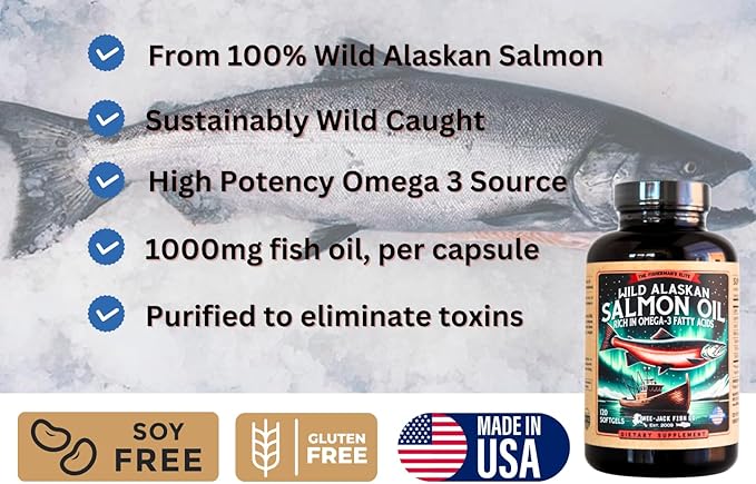 Wild Alaskan Salmon Fish Oil Omega 3 Supplement 120 Softgels 1000mg Salmon