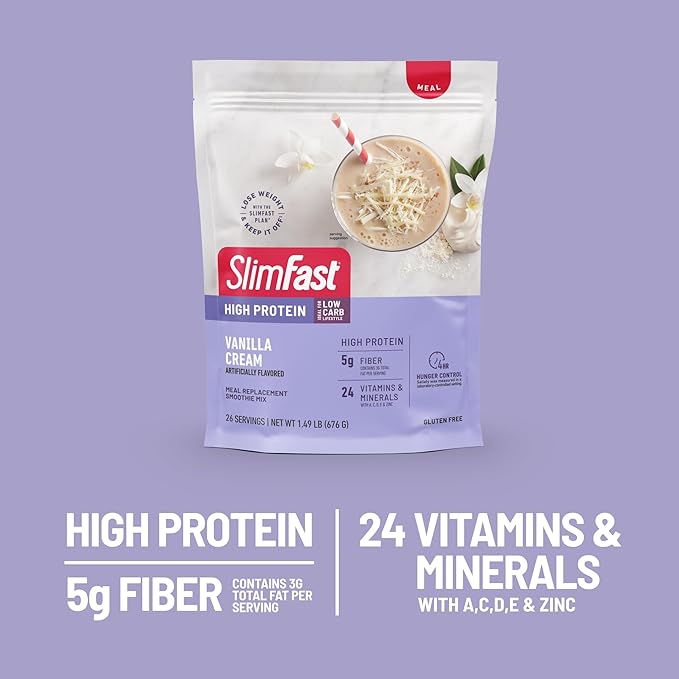 SlimFast High Protein Meal Replacement Powder, 26 Servings, Advanced Nutrition Smoothie Mix with Vitamin and Mineral Blend, Gluten Free, Vanilla Cream, 1.53 Pounds