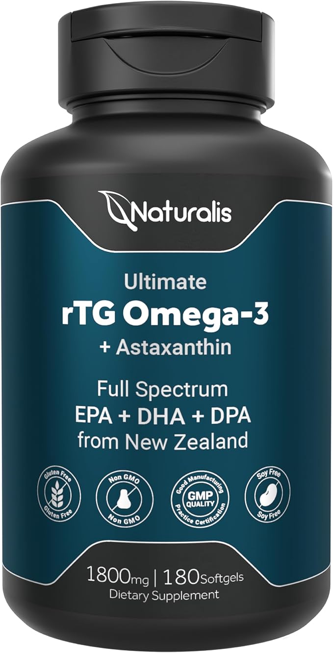 Naturalis Ultimate rTG Omega 3 Fish Oil 1800mg from Wild New Zealand Tuna - Full Spectrum Omega3s EPA, DHA & DPA - Sustainably Sourced, Non-GMO, Gluten Free - 180 Softgels