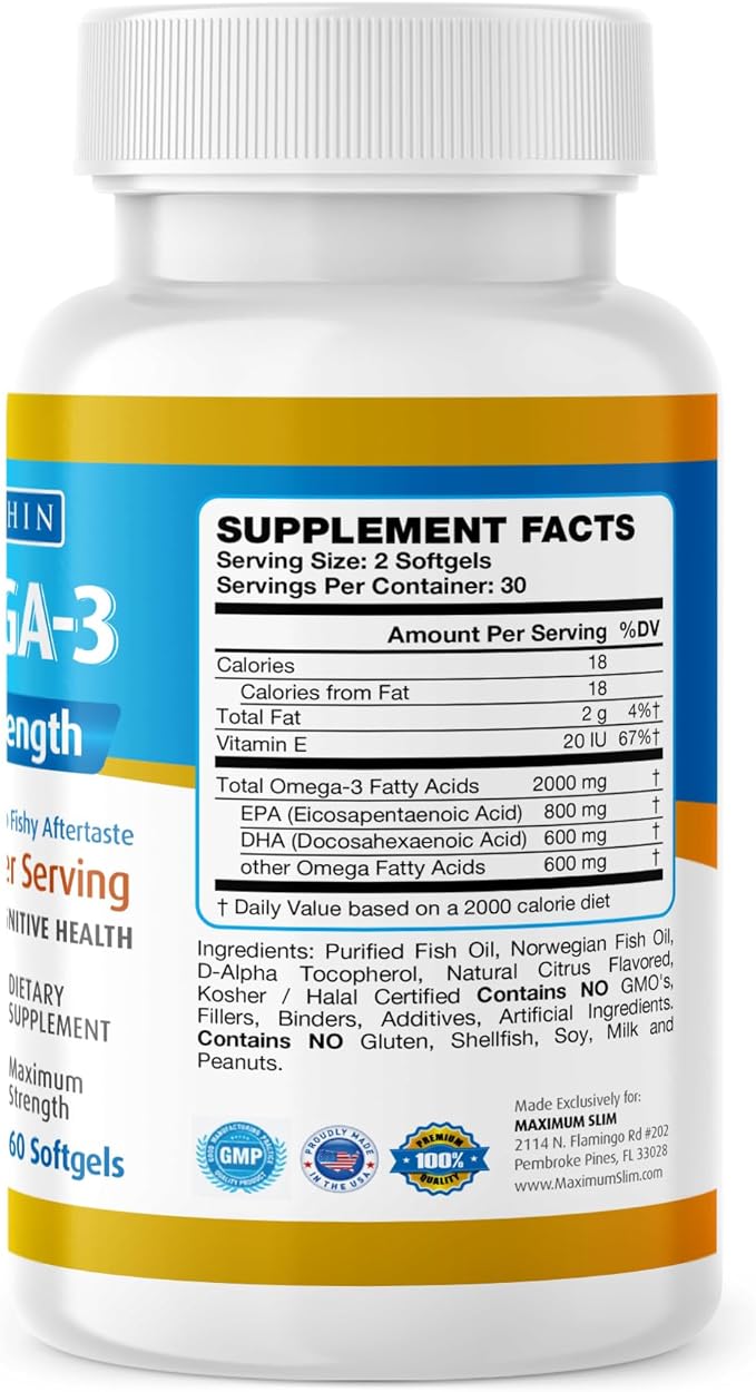Max Omega 3 Fish Oil Pills (2000 mg 3 Fatty 600mg DHA 800 mg
