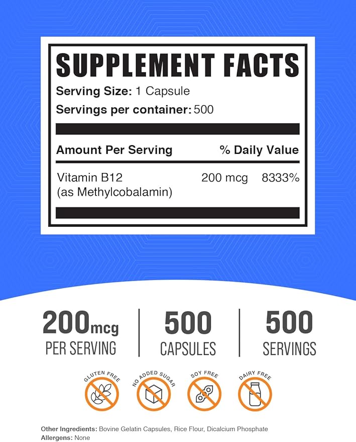 BulkSupplements.com Vitamin B12 Methylcobalamin Capsules - B12 Vitamin Supplement, B12 200mcg, for Energy Support - Gluten Free, 1 Capsule per Serving, 500 Capsules (Pack of 1)