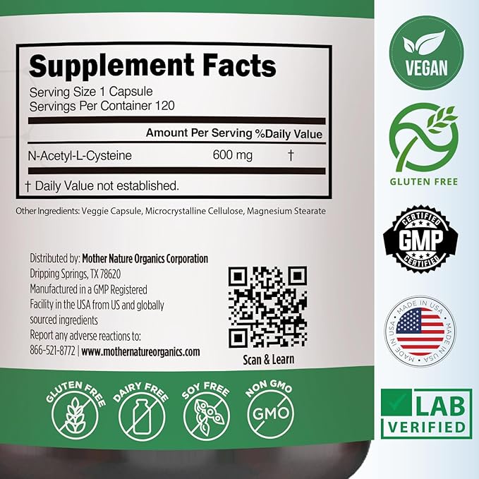 N-Acetyl Cysteine (NAC) Supplement 600mg Capsules 120 Count,