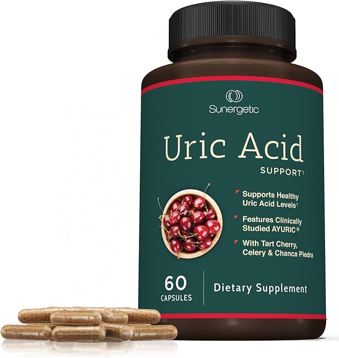 Sunergetic Premium Uric Acid Support Supplement – Uric Acid Cleanse & Kidney Support – Includes Tart Cherry, Chanca Piedra, Celery Extract & Turmeric - Uric Acid Support Formula – 60 Veggie Capsules
