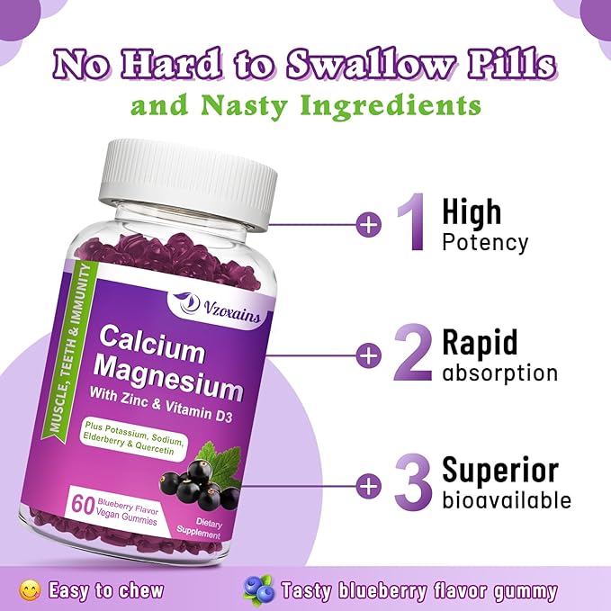 High Absorption Calcium Magnesium Zinc Gummies, Calcium Magnesium Supplement with Potassium Vitamin D3 for Bone & Teeth Strength, Muscle Function - Blueberry Flavor 120 Cts