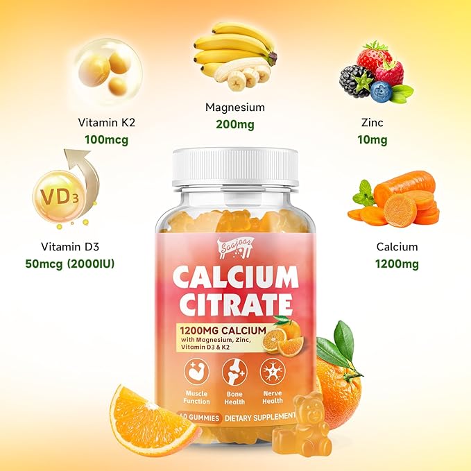 Calcium Citrate Gummies 1200 mg with Vitamin D3, K2, Magnesium, Zinc, Bone Support for Bones, Muscles & Joints,Immunity & Memory Support, 120 Count