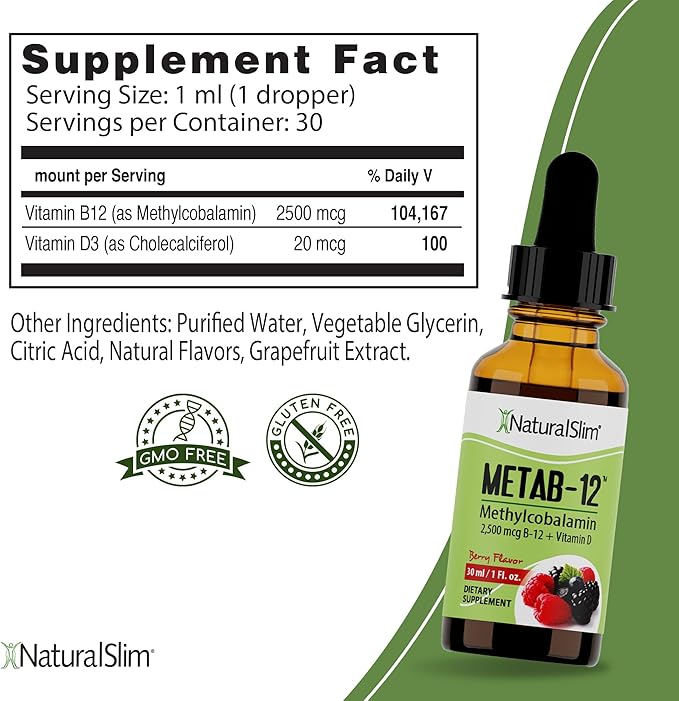 NaturalSlim Metab-12 - Liquid Vitamin B12 Sublingual Supplement 2500 mcg with Vitamin D3 Oral Drops - Methylcobalamin B12 for Metabolism & Energy Booster - Berry Flavor Gluten Free - 1 fl oz