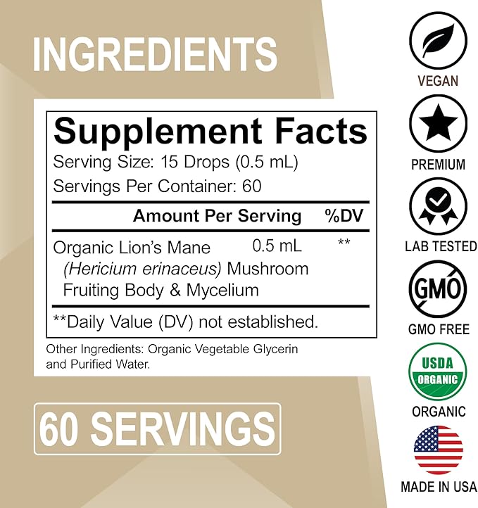 Lions Mane Mushroom Supplement Drops - Organic Lion's Mane Mushroom Liquid Tincture for Focus, Fog, Brain Health Supplements - Vegan Herbal Nervine, Nootropic Organic Lions Mane Supplement Extract 1oz